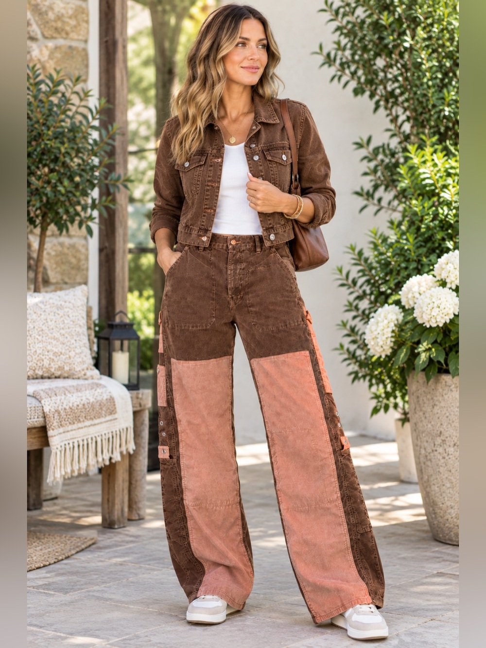 Diesel Two-Tone Brown & Dusty Rose Wide-Leg Patchwork Pants